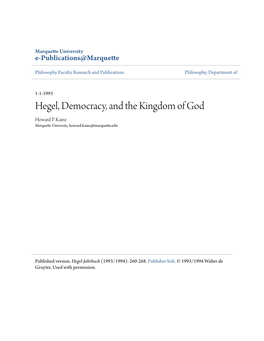 Hegel, Democracy, and the Kingdom of God Howard P