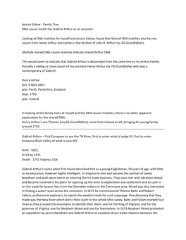 Jessica Eskew - Family Tree DNA Cousin Match Has Gabriel Arthur As an Ancestor