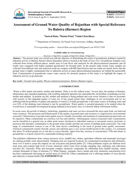 Assessment of Ground Water Quality of Rajasthan with Special Reference to Balotra (Barmer) Region