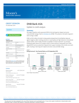 DNB Bank ASA 10 December 2019 Update to Credit Analysis