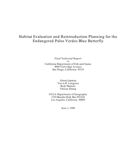 Habitat Evaluation and Reintroduction Planning for the Endangered Palos Verdes Blue Butterfly