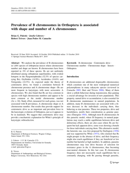 Prevalence of B Chromosomes in Orthoptera Is Associated with Shape and Number of a Chromosomes