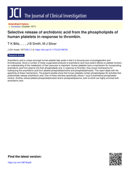 Selective Release of Archidonic Acid from the Phospholipids of Human Platelets in Response to Thrombin