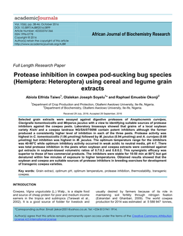 Protease Inhibition in Cowpea Pod-Sucking Bug Species (Hemiptera: Heteroptera) Using Cereal and Legume Grain Extracts