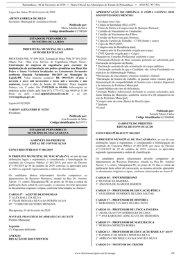 Pernambuco , 06 De Fevereiro De 2020 • Diário Oficial Dos Municípios Do Estado De Pernambuco • ANO XI | Nº 2516