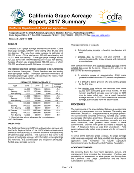 California Grape Acreage Report, 2017 Summary California Department of Food and Agriculture