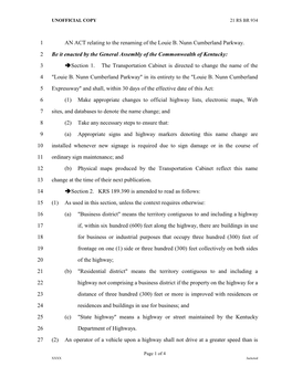 AN ACT Relating to the Renaming of the Louie B. Nunn Cumberland Parkway