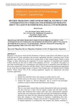 Reverse Migration Amid Covid Outbreak, Its Impact and Consequences on Unskilled and Pjaee, 18 (8) (2021)