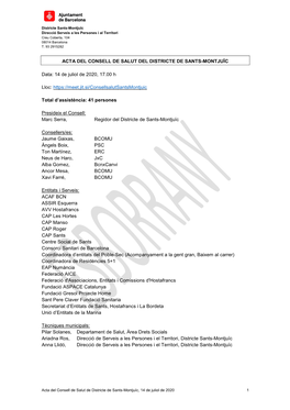ACTA DEL CONSELL DE SALUT DEL DISTRICTE DE SANTS-MONTJUÏC Data: 14 De Juliol De 2020, 17.00 H Lloc
