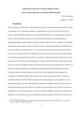 Agonist and Conservative Strands in Hannah Arendt: a More Systemic Approach to Arendtian Political Thought Clint Verdonschot