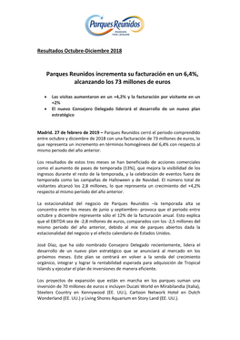 Parques Reunidos Incrementa Su Facturación En Un 6,4%, Alcanzando Los 73 Millones De Euros