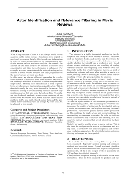 Actor Identification and Relevance Filtering in Movie Reviews