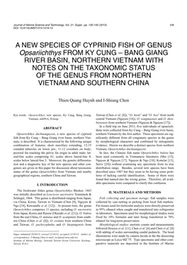A NEW SPECIES of CYPRINID FISH of GENUS Opsariichthys FROM