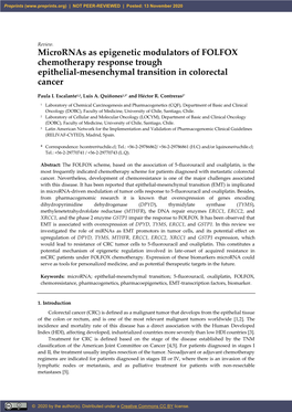 Micrornas As Epigenetic Modulators of FOLFOX Chemotherapy Response Trough Epithelial-Mesenchymal Transition in Colorectal Cancer