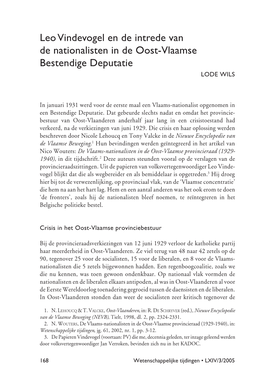 Leo Vindevogel En De Intrede Van De Nationalisten in De Oost-Vlaamse Bestendige Deputatie LODE WILS