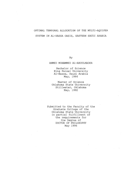 Optimal Temporal Allocation of the Multi-Aquifer System in Al-Hassa Oasis, Eastern Saudi Arabia