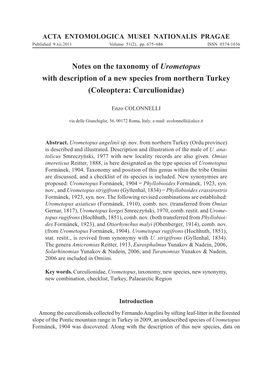 Notes on the Taxonomy of Urometopus with Description of a New Species from Northern Turkey (Coleoptera: Curculionidae)