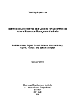 Institutional Alternatives and Options for Decentralised Natural Resource Management in India