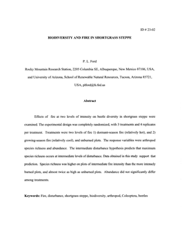 Biodiversity and Fire in Shortgrass Steppe