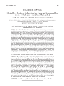 Effect of Prey Density on the Functional and Numerical Responses of Two Species of Predaceous Mites (Acari: Phytoseiidae)