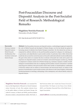 Post-Foucauldian Discourse and Dispositif Analysis in the Post-Socialist Field of Research: Methodological Remarks