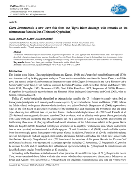 Article Garra Lorestanensis, a New Cave Fish from the Tigris River Drainage with Remarks on the Subterranean Fishes in Iran (Teleostei: Cyprinidae)