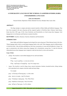 A Comparative Analysis of the Numeral Classifiers of Bodo, Rabha and Kokborok Languages