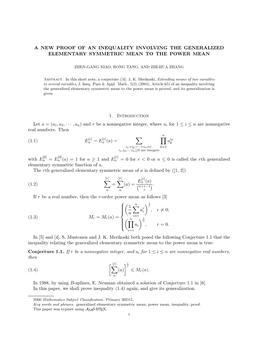 A New Proof of an Inequality Involving the Generalized Elementary Symmetric Mean to the Power Mean