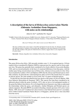 Odonata: Aeshnidae) from Singapore, with Notes on Its Relationships