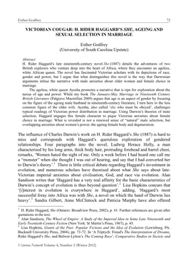 H. RIDER HAGGARD's SHE, AGEING and SEXUAL SELECTION in MARRIAGE Esther Godfrey