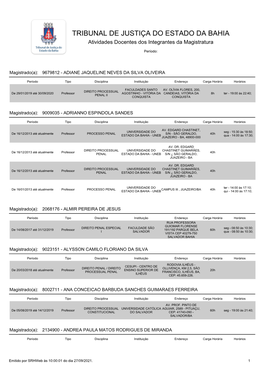 TRIBUNAL DE JUSTIÇA DO ESTADO DA BAHIA Atividades Docentes Dos Integrantes Da Magistratura