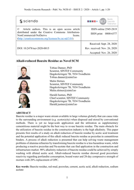 Alkali-Reduced Bauxite Residue As Novel SCM