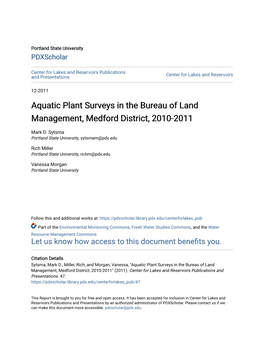 Aquatic Plant Surveys in the Bureau of Land Management, Medford District, 2010-2011