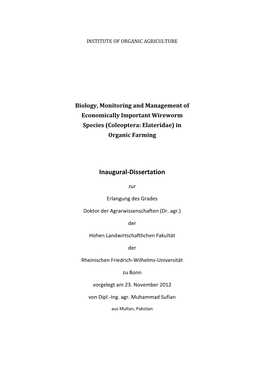 Biology, Monitoring and Management of Economically Important Wireworm Species (Coleoptera: Elateridae) in Organic Farming