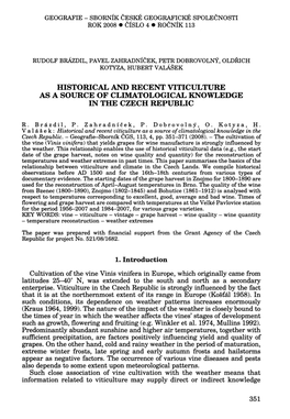 Historical and Recent Viticulture As a Source of Climatological Knowledge in the Czech Republic