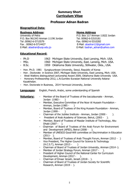 Curriculum Vitae Professor Adnan Badran