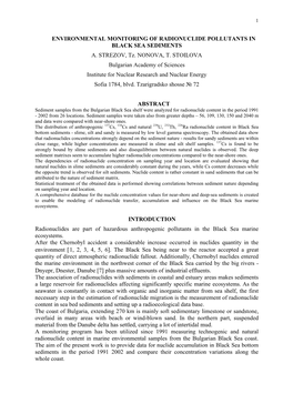 Environmental Monitoring of Radionuclide Pollutants in Black Sea Sediments A