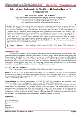 Effect of Water Pollution in the Musi River Hyderabad District of Telangana State