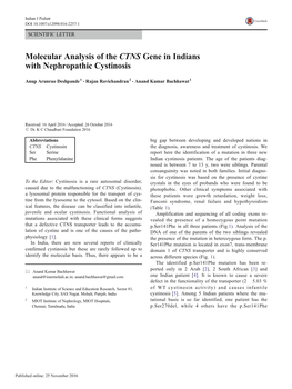 Molecular Analysis of the CTNS Gene in Indians with Nephropathic Cystinosis