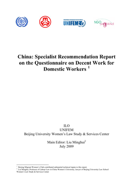 Specialist Recommendation Report on the Questionnaire on Decent Work for Domestic Workers 1