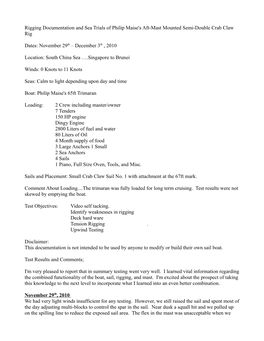 Rigging Documentation and Sea Trials of Philip Maise's Aft-Mast Mounted Semi-Double Crab Claw Rig