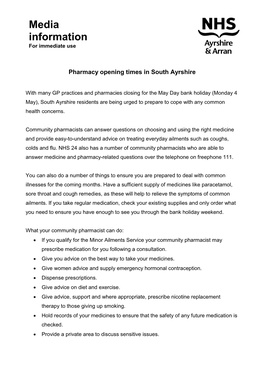 Pharmacy Opening Times in South Ayrshire