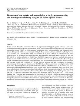 Dynamics of Zinc Uptake and Accumulation in the Hyperaccumulating and Non-Hyperaccumulating Ecotypes of Sedum Alfredii Hance