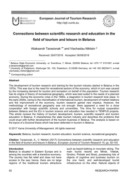 Connections Between Scientific Research and Education in the Field of Tourism and Leisure in Belarus
