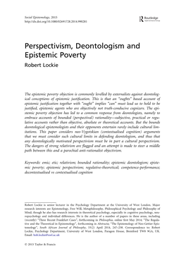 Perspectivism, Deontologism and Epistemic Poverty Robert Lockie