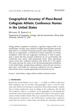 Geographical Accuracy of Place-Based Collegiate Athletic Conference Names in the United States Michael D