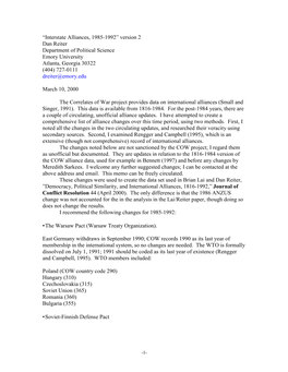 “Interstate Alliances, 1985-1992” Version 2 Dan Reiter Department of Political Science Emory University Atlanta, Georgia 30322 (404) 727-0111 Dreiter@Emory.Edu