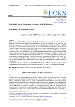 Keskin & Özmen Jaba, Bazidî, and the Ethnography of Kurds in the 18