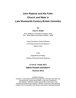 John Robson and His Faith: Church and State in Late Nineteenth-Century British Columbia