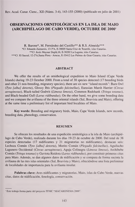 Observaciones Ornitologicas En La Isla De Maio (Archipielago De Cabo Verde), Octubre De 2000 1